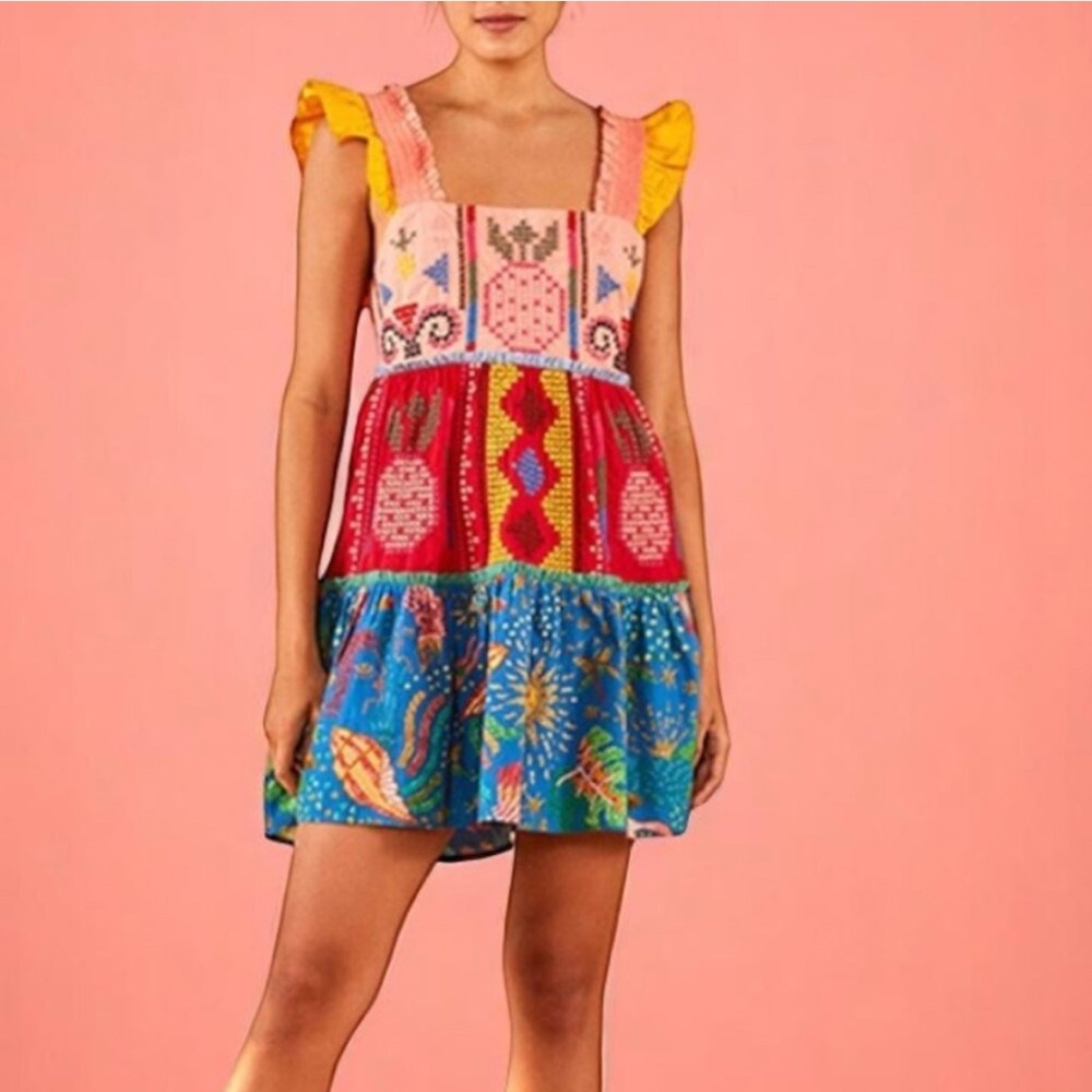Farm Rio Colorblocking Embroidered Mini Dress Size Medium - Picture 2 of 10